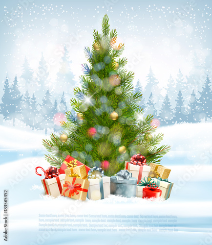 Holiday background with a Christmas tree and presents. Vector