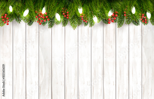 Christmas holiday decoration with branches of tree on wooden board. Vector.