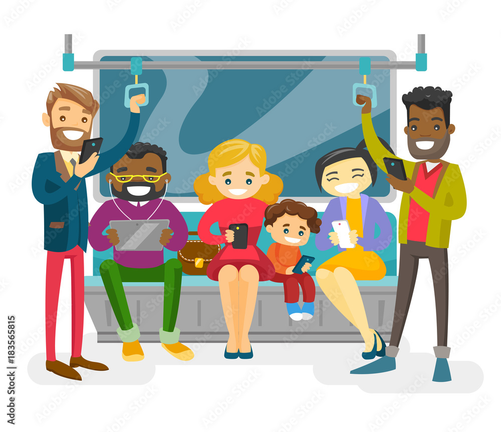 Multicultural people traveling by public transport and using their  smartphones and tablet. Group of African, Cacasian, Asian passengers in  public transport. Vector isolated cartoon illustration. Stock Vector |  Adobe Stock