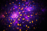 Abstract glittering geometric texture with bright purple, blue and orange pixels. Fantasy fractal design. Digital art. 3D rendering.