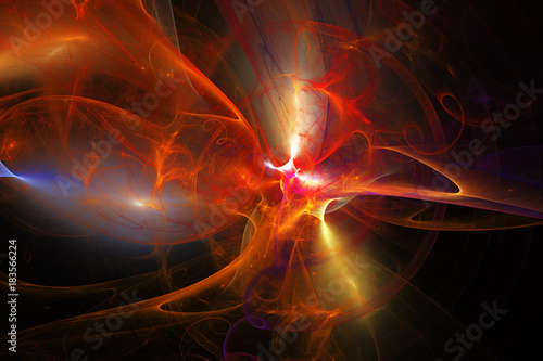 Abstract orange, red and blue glowing smoky shapes. Fantasy fractal background. Digital art. 3D rendering.