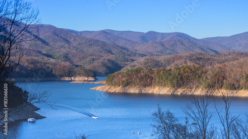 Lake in Mountains with Boats