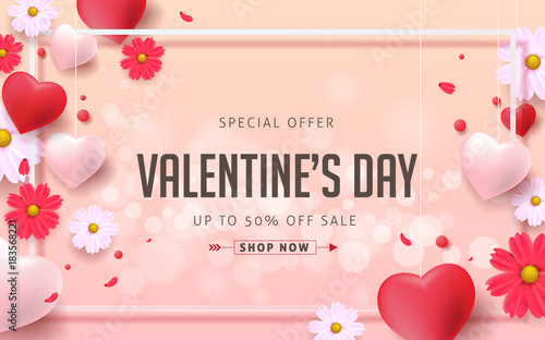Valentines day sale background with Heart Shaped Balloons and flower. Vector illustration.banners.Wallpaper.flyers, invitation, posters, brochure, voucher discount.