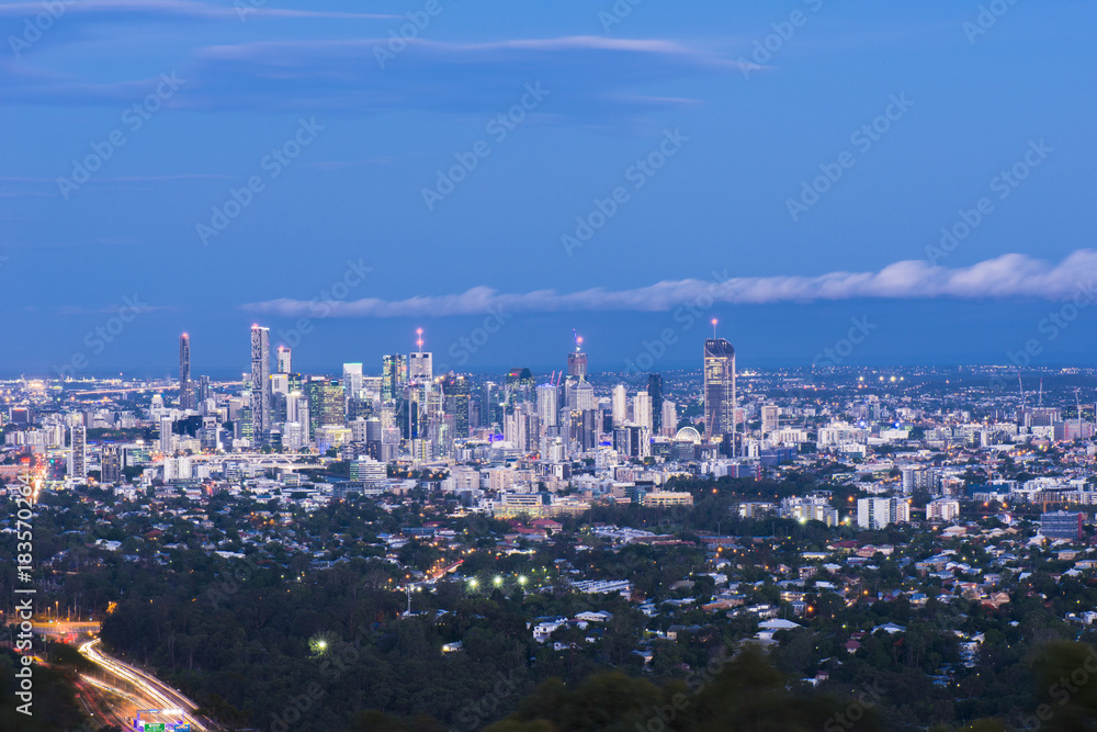 View of Brisbane from Mount Coot-tha at night. Queensland, Australia.