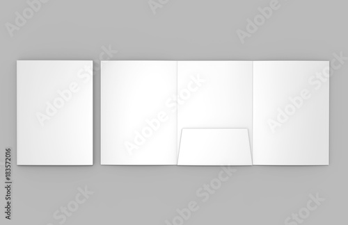 Tri-fold Blank white reinforced A4 single pocket folder catalog on grey background for mock up. 3D rendering. © godesignz