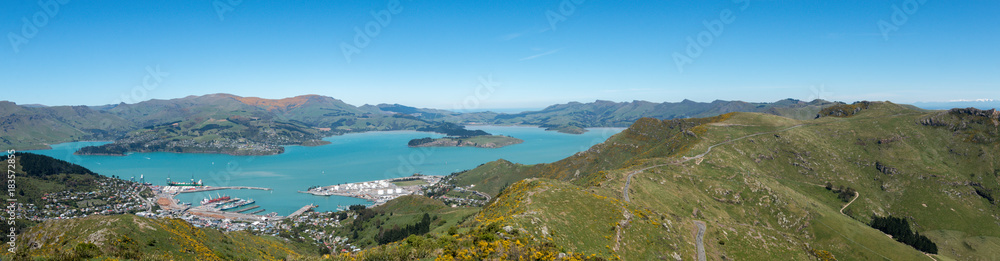 Panoramic view to Lyttelton harbour  from Port Hills