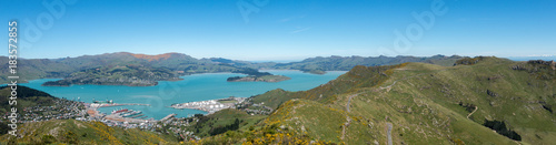Panoramic view to Lyttelton harbour from Port Hills