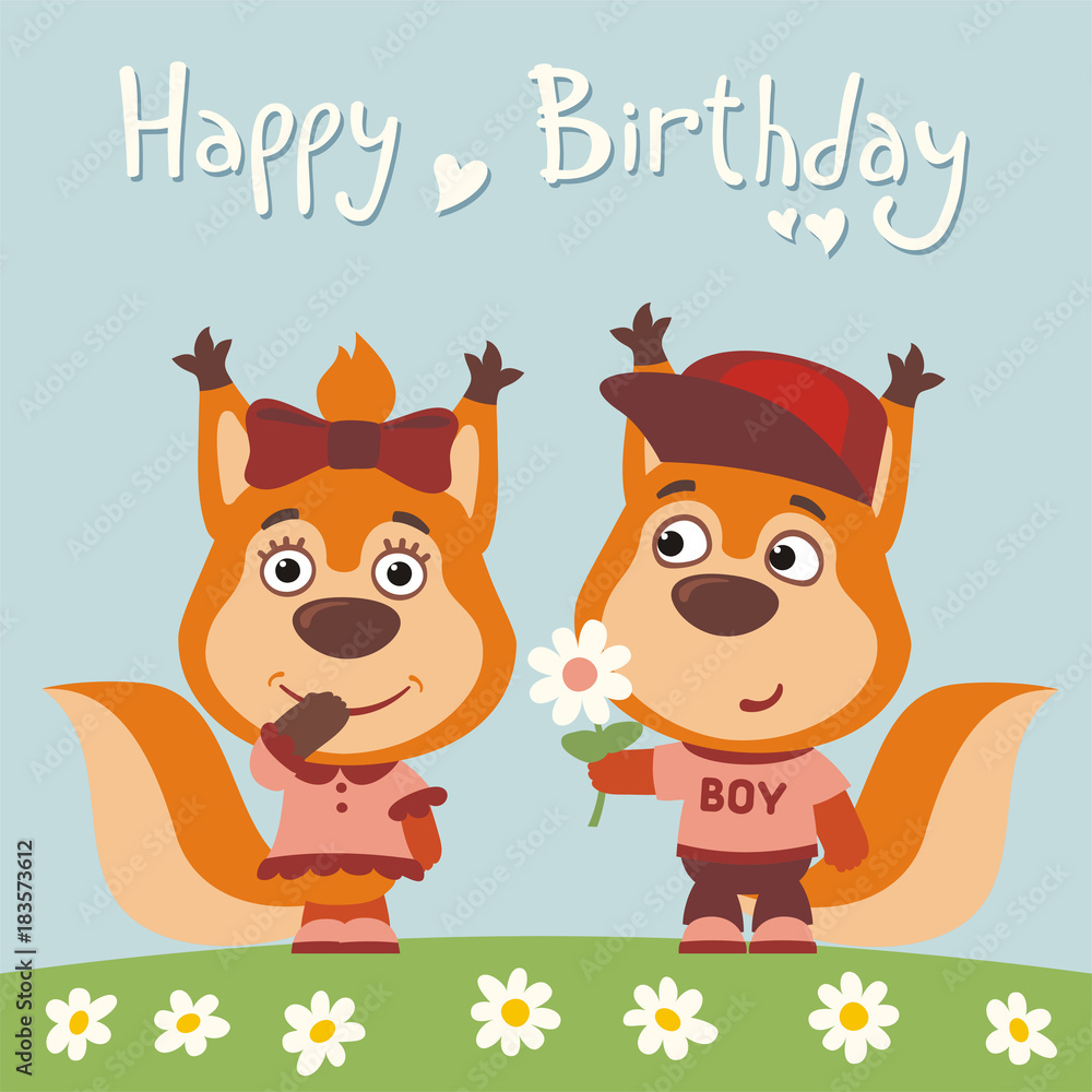 Happy birthday! Greeting card: funny squirrel boy gives flower to