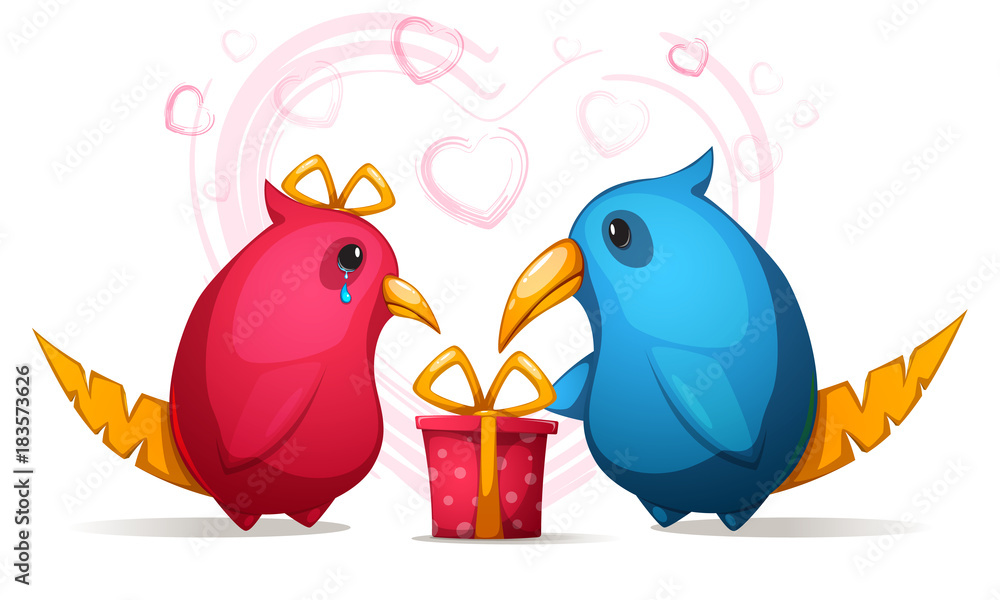 Two cartoon funny, cute bird with a large beak. Gift for girl.