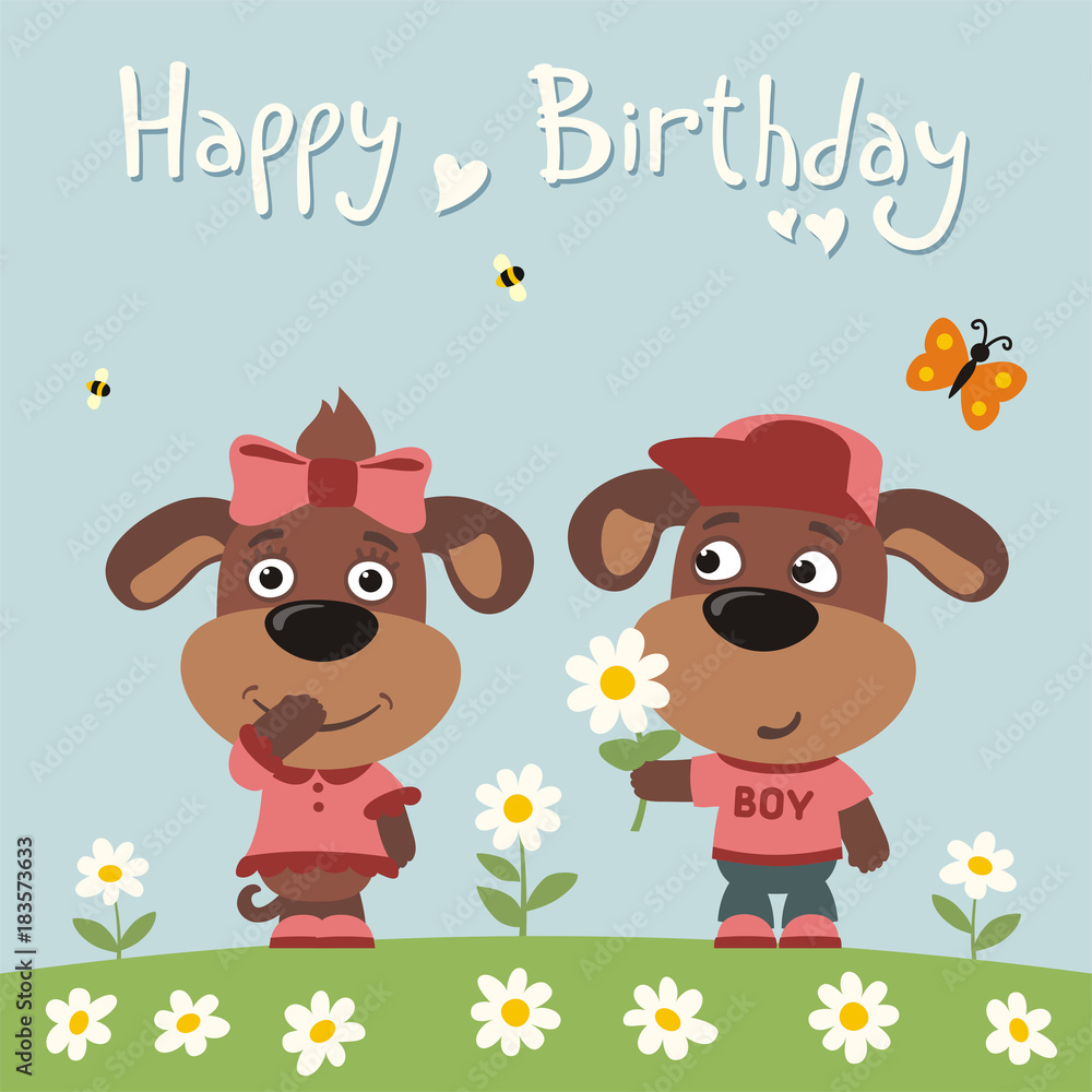 Happy birthday! Greeting card: funny puppy dog boy gives flower to puppy girl for birthday. Stock Vector | Adobe Stock Happy birthday! Greeting card: funny puppy dog boy gives flower to puppy girl for birthday. Stock Vector | Adobe Stock