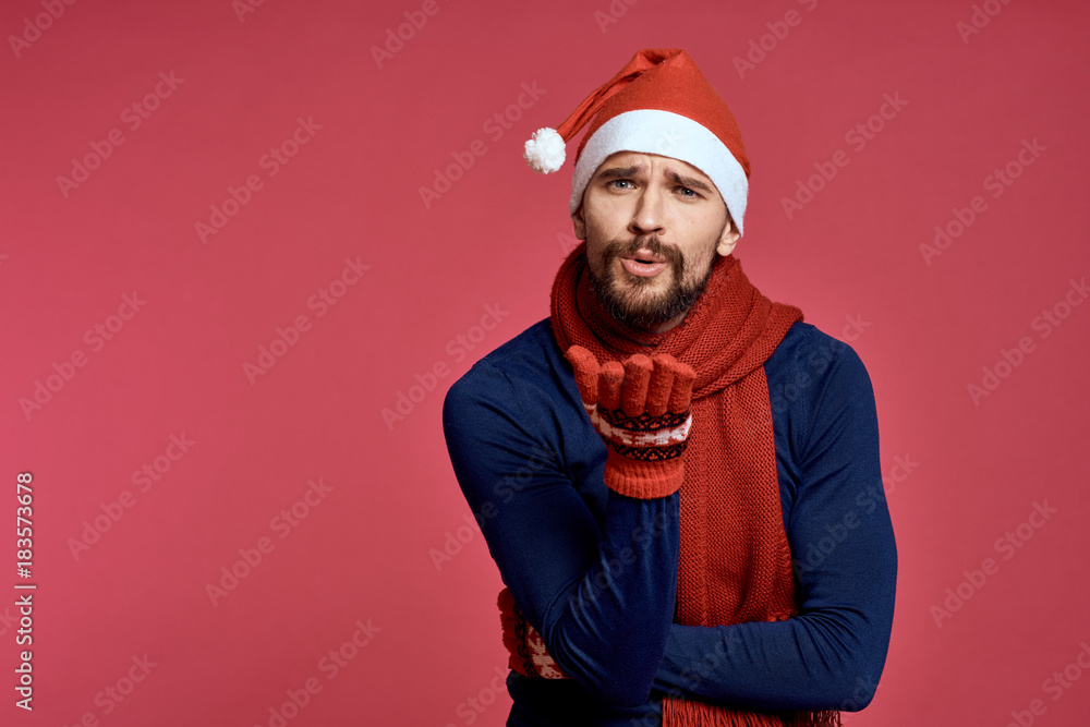 red background, free space for copy, man, christmas clothes, holiday red background, free space for copy, man, christmas clothes, holiday