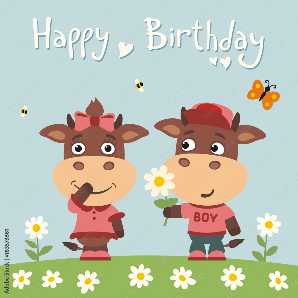 Obraz premium Happy birthday! Greeting card: funny bull boy gives flower to cow girl for birthday.