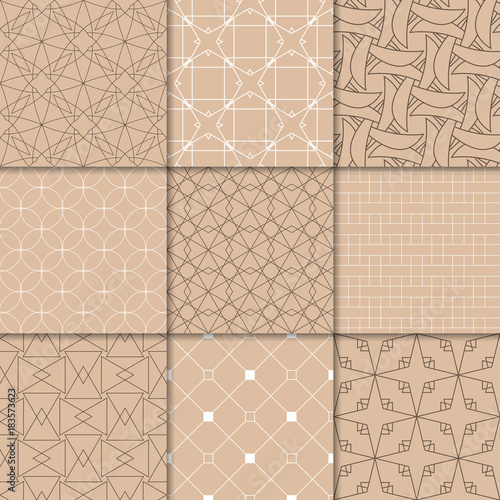 Brown beige geometric ornaments. Collection of seamless patterns