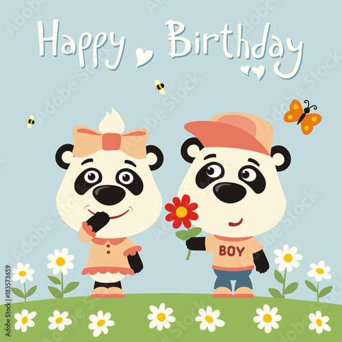 Fototapeta Naklejka Na Ścianę i Meble -  Happy birthday! Greeting card: funny panda boy gives flower to panda girl for birthday.