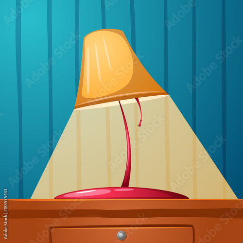 Table lamp is on the table. Wall-papers in the strip.