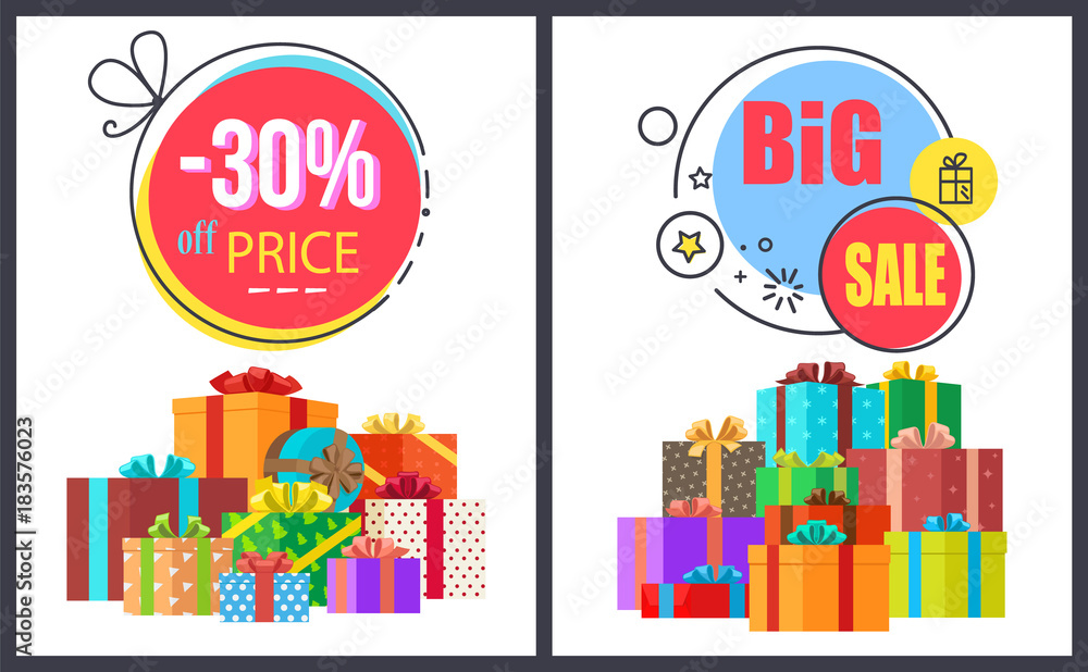 Big Sale -30 Off Round Labels with Gift Icons Set