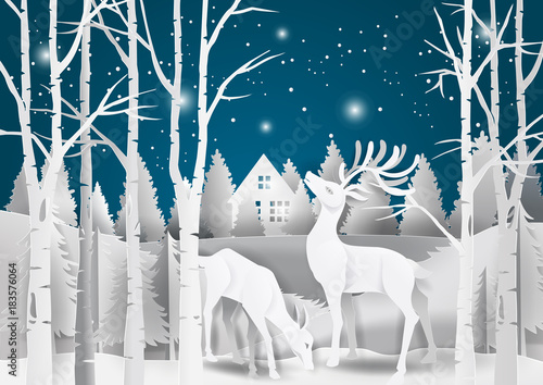 Nature landscape on snow winter background with deers family in forest concept Merry Christmas,vector paper art style