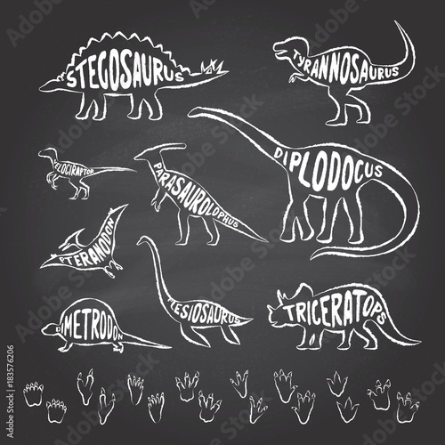 Set of dinosaurs outlines with lettering and footprints on a chalkboard background. Vector illustration