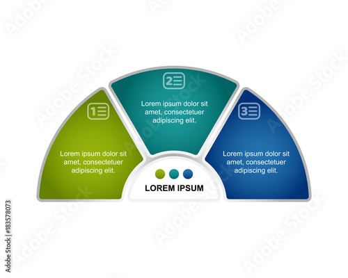 Semicircle infographic template. 3 bright elements for text and additional in center. For presentation and reports. Vector illustration.