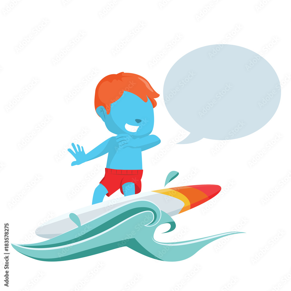 Blue boy surfing with callout– stock illustration
