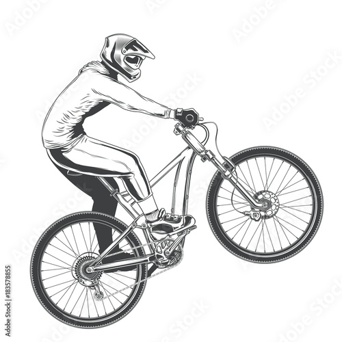 Ride on a sports bicycle, BMX cyclist performing a trick, mountain bike competition, black vector illustration isolated on a white background