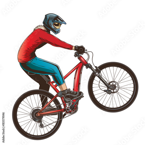 Ride on a sports bicycle, BMX cyclist performing a trick, mountain bike competition, color vector illustration isolated on a white background