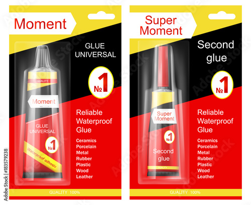 Colorful tube of super moment and moment glue in cardboard and plastic packaging with brand information realistic vector isolated. Original container and packaging of glue for instant gluing