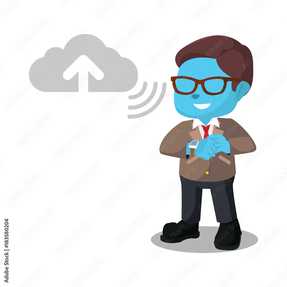 Blue businessman uploading to cloud server– stock illustration
