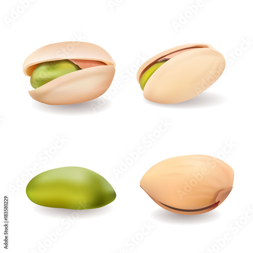 Realistic whole and cracked pistachio nuts. Vector set