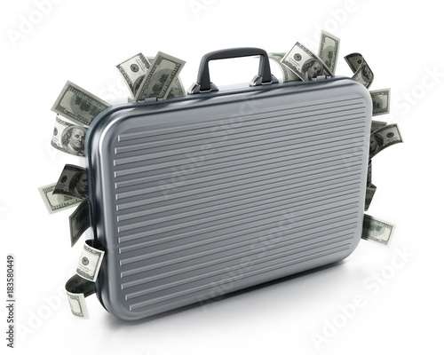 Dollar piles inside briefcase. 3D illustration