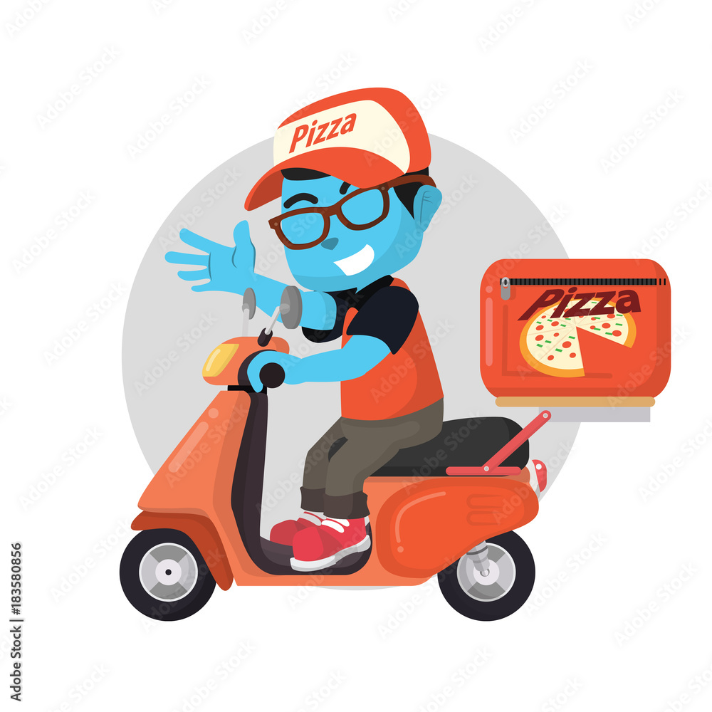 Blue delivery pizza with scooter– stock illustration
