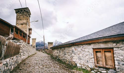 Historical defensive towers of Mestia - townlet in the highlands of Upper Svaneti province in the Caucasus Mountains. streets of Mestia photo