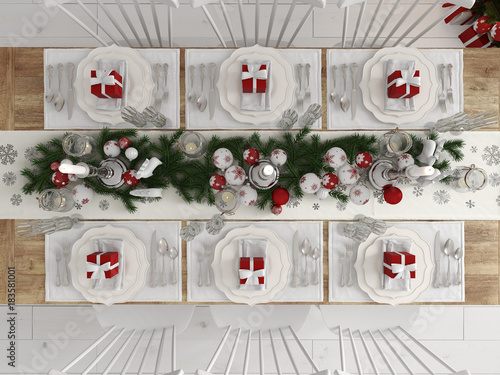 top view of a christmas decorated table by day. 3d rendering