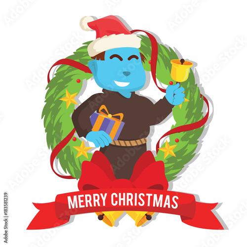 Blue bishop with christmas present inside christmas wreath– stock illustration 