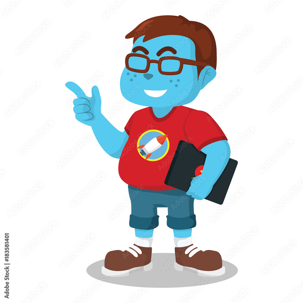 Blue nerd holding laptop– stock illustration
