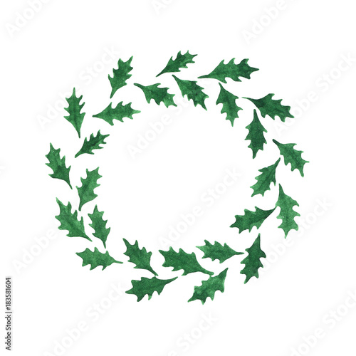 Abstract watercolor holly leaves wreath isolated on the white background. Template for Christmas and New Year designs.