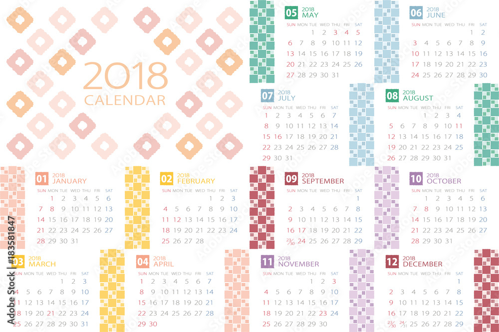 18年 和柄のカレンダー 日本向け 祝日表記 Stock Vector Adobe Stock