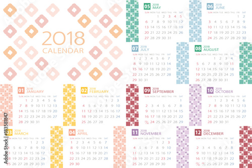 2018年　和柄のカレンダー　日本向け（祝日表記）