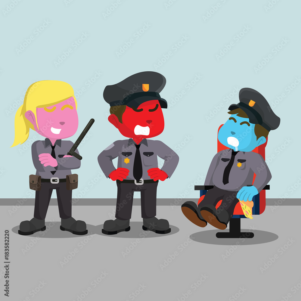 Police officer angry to sleeping fat police– stock illustration
