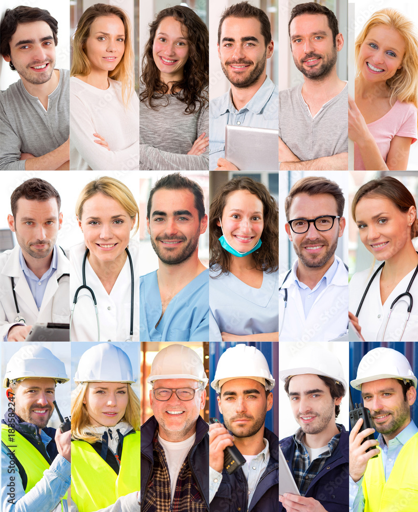Portrait collection of different people working on construction site, student and medical domain on high definition Portrait collection of different people working on construction site, student and medical domain on high definition