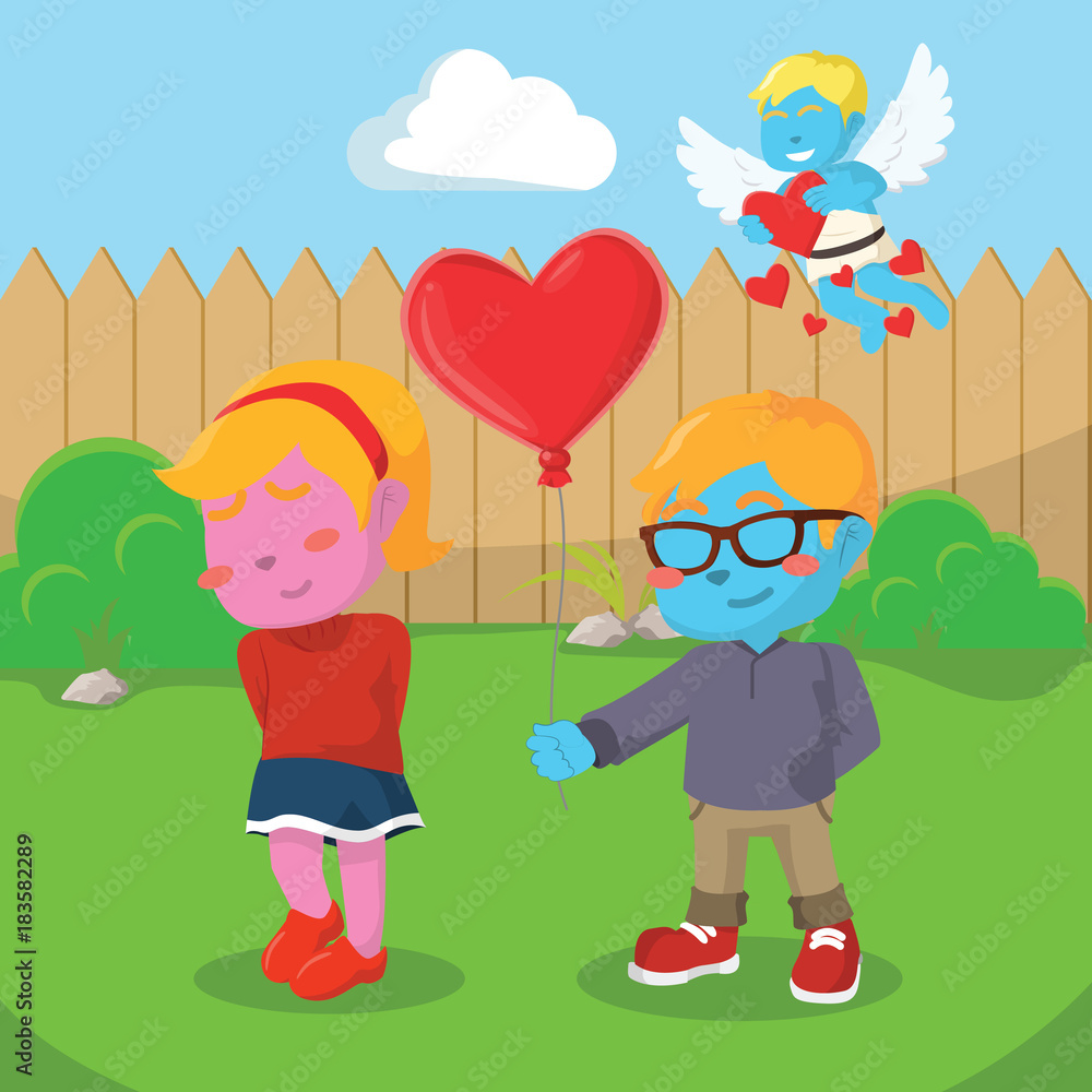 Cupid spreading love to boy and girl– stock illustration
