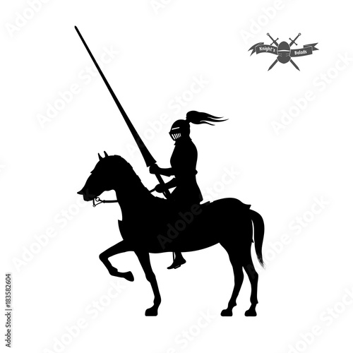 Black silhouette of knight on white background. Detailed image of rider with spear and armor. Logo of medieval tournament. Vector illustration