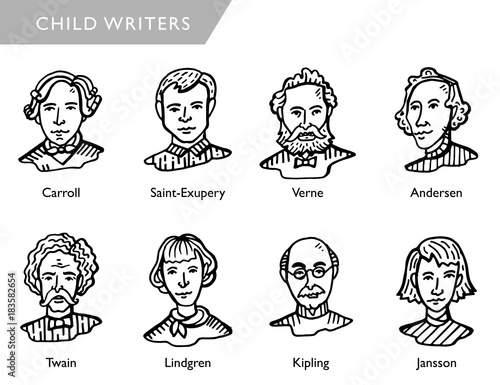 famous children writers, vector portraits, Carroll, Saint-Exupery, Verne, Andersen, Twain, Lindgren, Kipling, Jansson