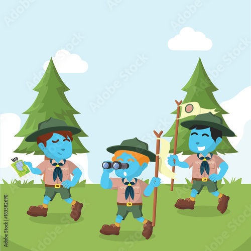 Group of blue boyscout walking in forest    stock illustration  