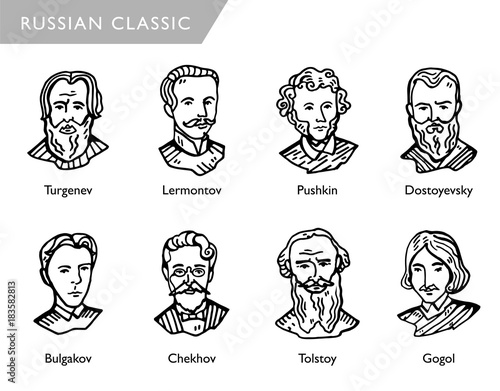 famous russian writers, vector portraits, Turgenev, Lermontov, Pushkin, Dostoyevsky, Bulgakov, Chekhov, Tolstoy, Gogol