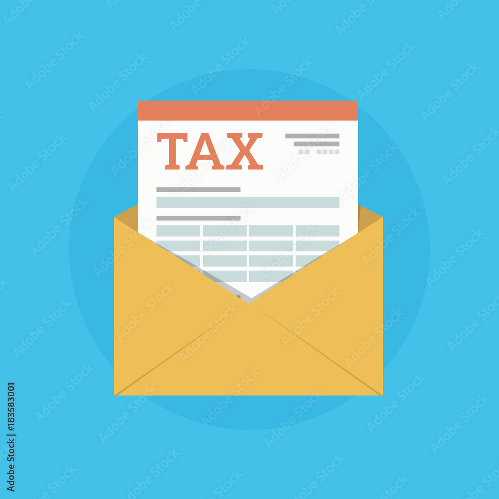 Mail envelope icon with tax form. Concept tax reports and calculation