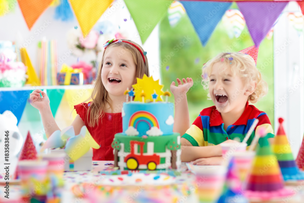 Fototapeta premium Kids party. Birthday cake with candles for child.