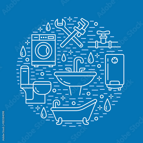 Plumbing service blue banner illustration. Vector line icon of house bathroom equipment, faucet, toilet, pipeline, washing machine, water boiler. Plumber repair circle template.