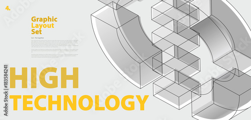 Graphic layout set with abstract curved vector shape, reminiscent of technological development, nanotechnology component. Isometric brand high technology institution, research center, laboratories.