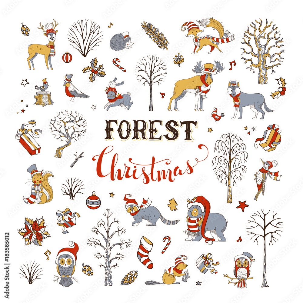 Naklejka premium Vector forest Christmas set.
